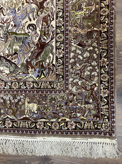 Persian Isfahan Rug 5x8 - Tree of Life, Animal Pictorials, Kork Wool & Silk - Nuvé