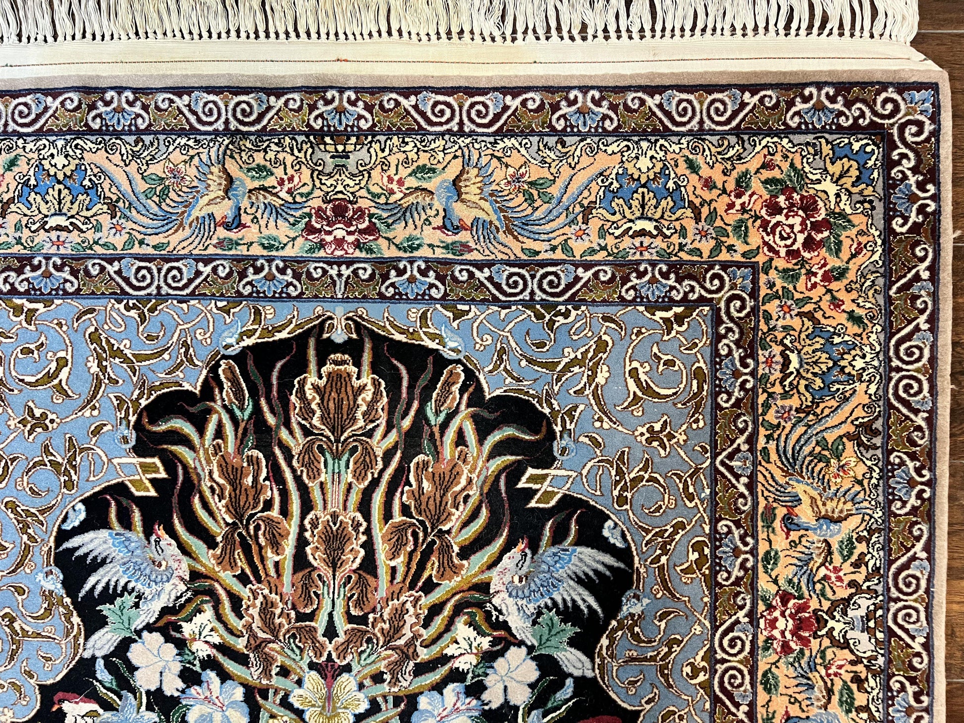 Wonderful Persian Isfahan Rug 3.7 x 5, Kork Wool on Silk Foundation, Very Fine 460 KPSI, Tree of Life Persian Vase Design Animal Pictorials Peacocks - Nuvé