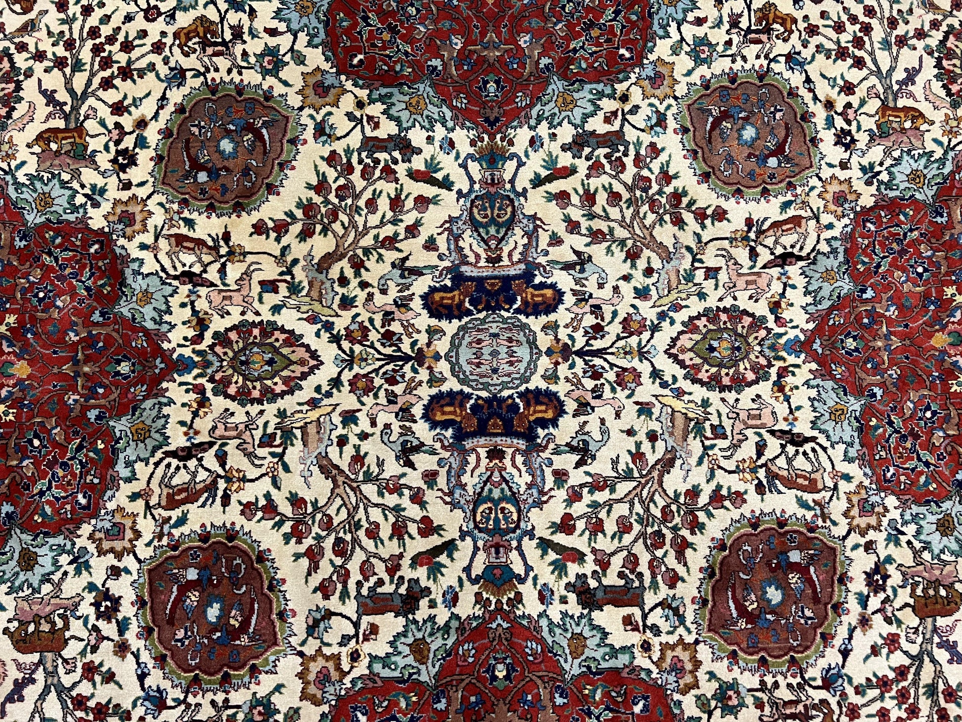 Wonderful Sino Persian Rug 6x10 with Animal Pictorial Motifs, Cream Dark Red Navy Blue, Birds Gazelles, Two Medallions, Top Quality Handmade - Nuvé