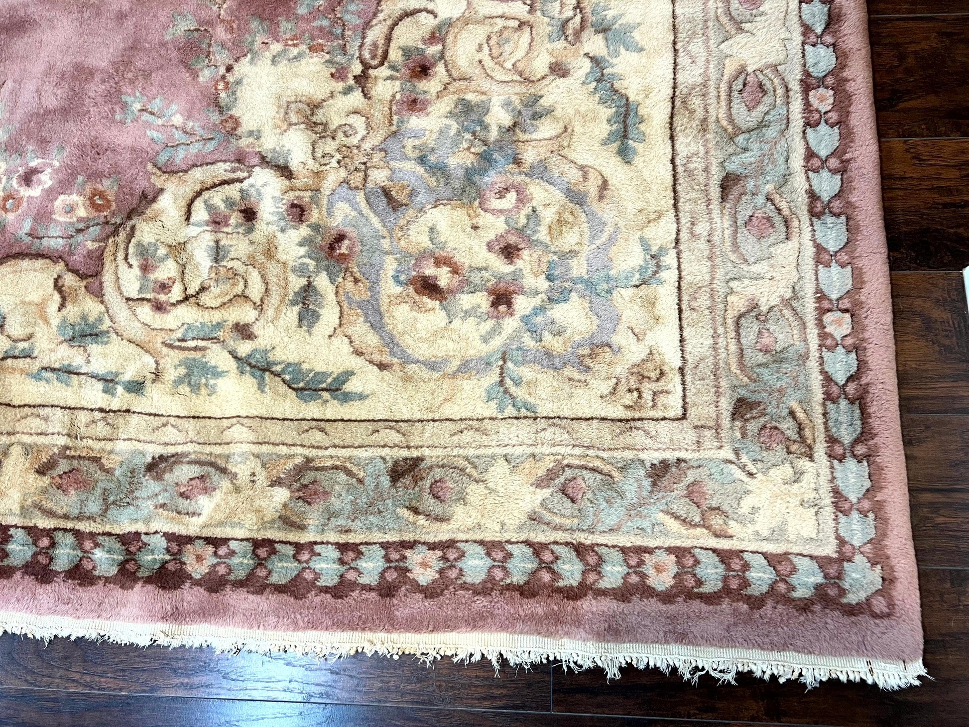 Indo Chinese Aubusson Wool Rug 10x14, Pink and Cream, Handmade Vintage Wool Carpet, Elegant European Design - Nuvé