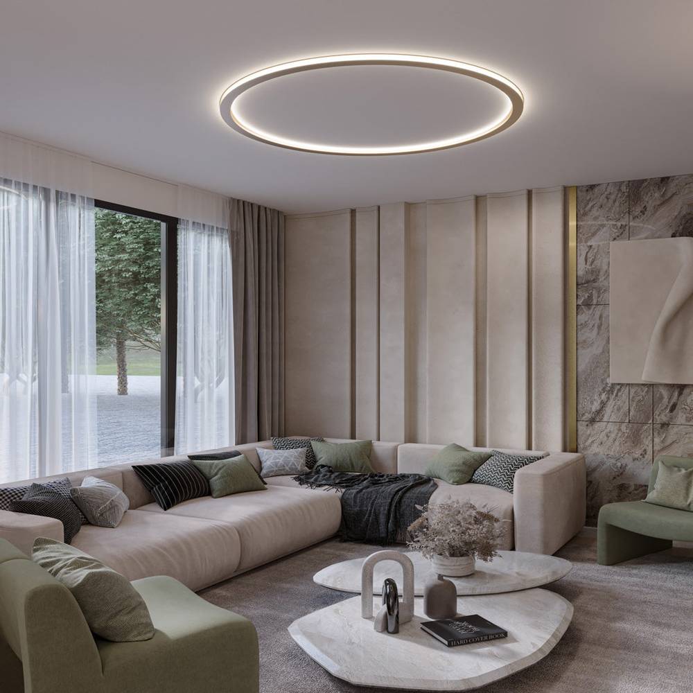 Modern Dayira ceiling light by Residence Supply featuring a sleek, round design with warm LED illumination.