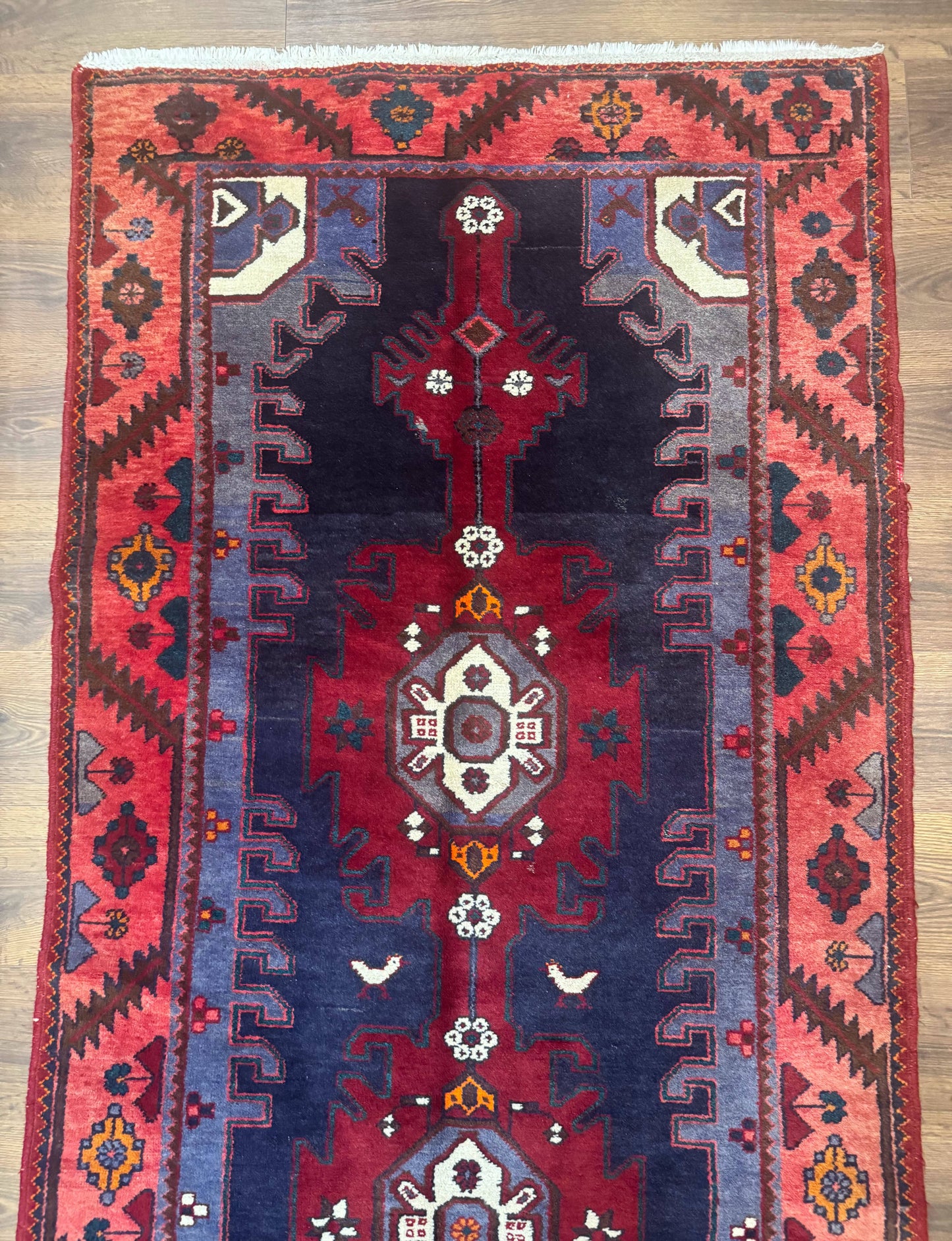 Persian Karajeh Runner Rug 3.6 x 9.5, Geometric Medallions, Tribal Village Rug, Navy Blue, Handmade - Nuvé