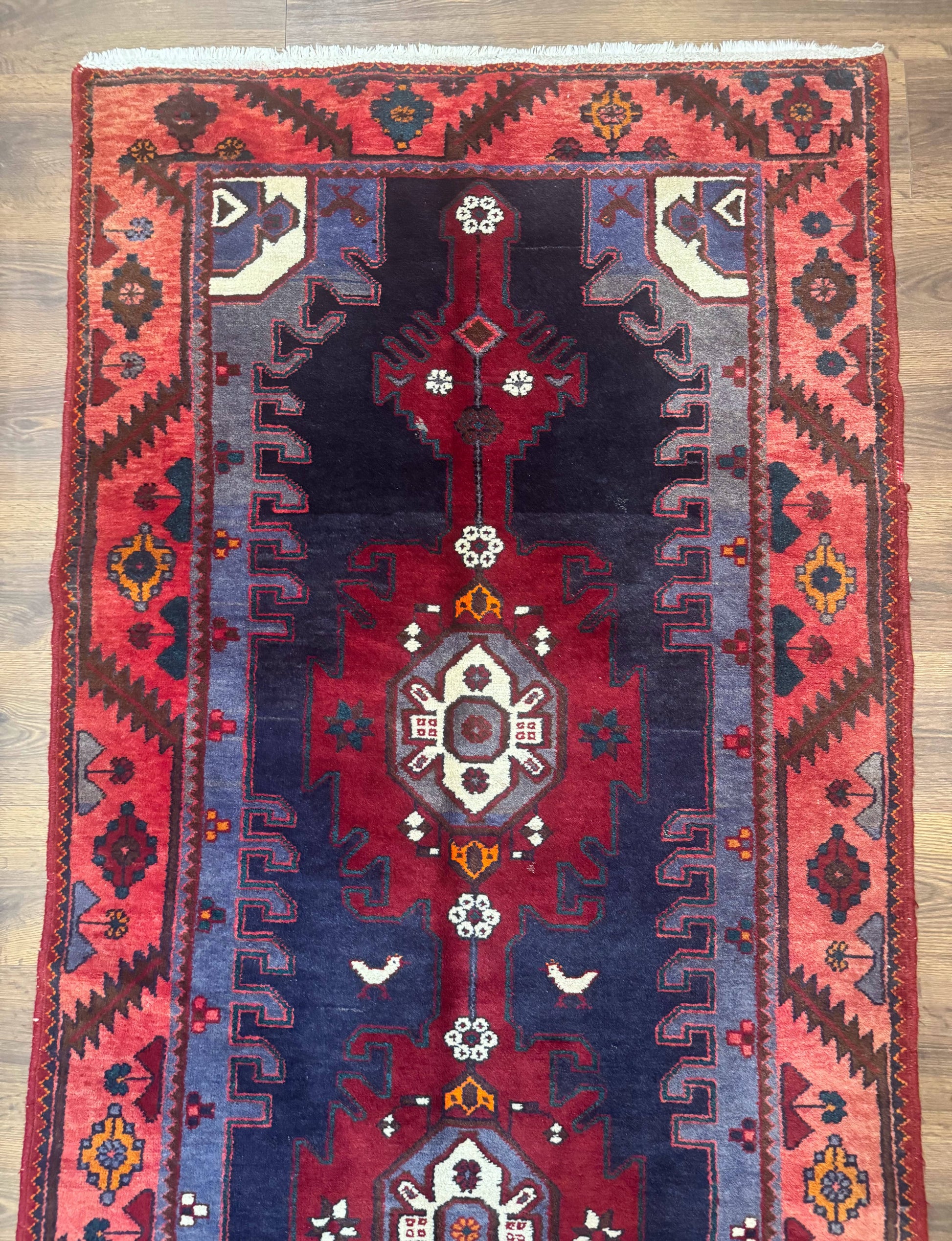 Persian Karajeh Runner Rug 3.6 x 9.5, Geometric Medallions, Tribal Village Rug, Navy Blue, Handmade - Nuvé