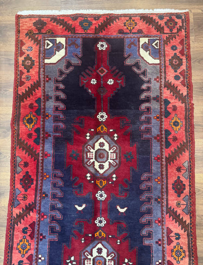 Persian Karajeh Runner Rug 3.6 x 9.5, Geometric Medallions, Tribal Village Rug, Navy Blue, Handmade - Nuvé