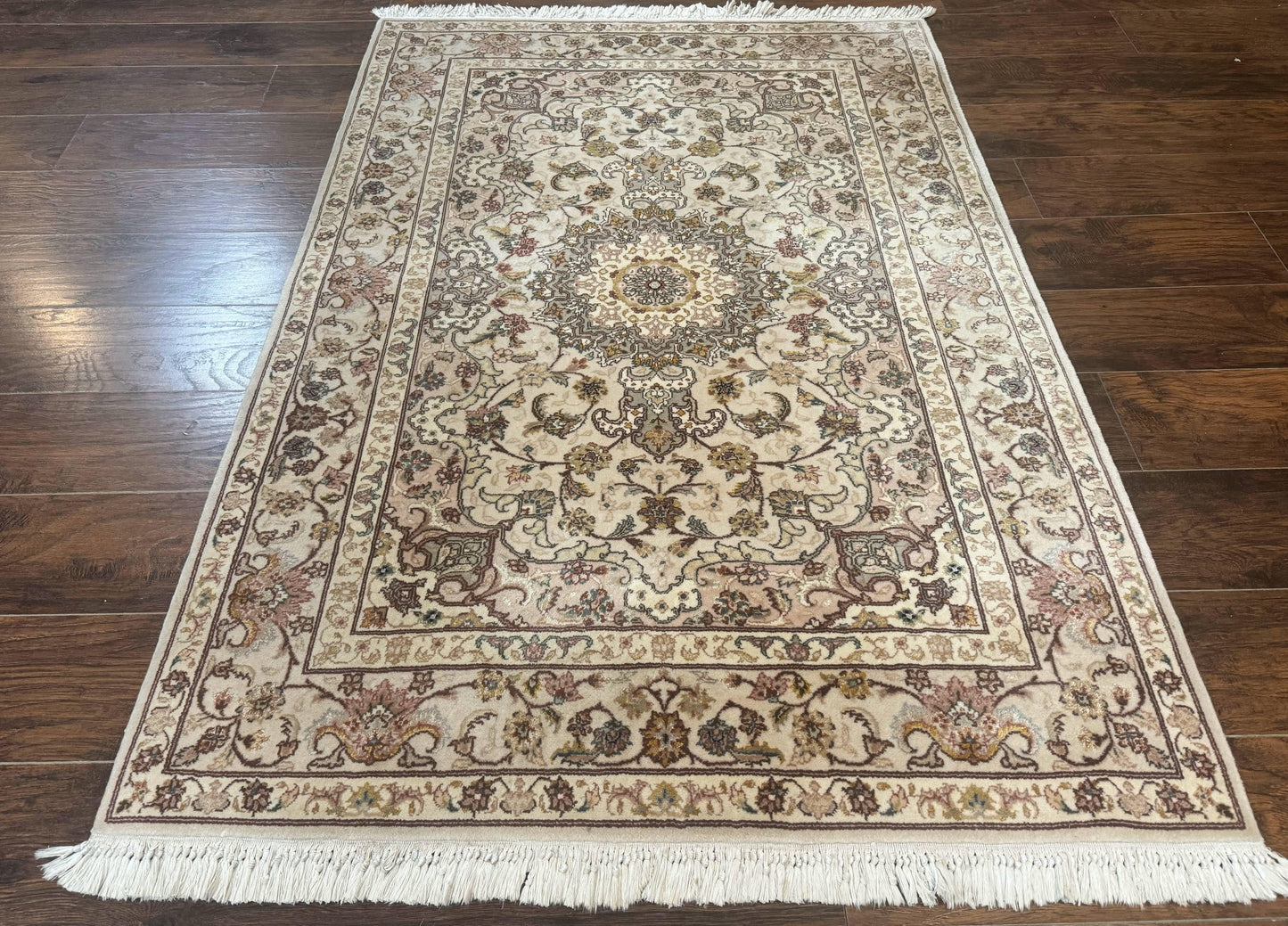Pak Persian Rug 4x6, Floral Medallion, Beige, Wool and Silk Highlights, Vintage Handmade Rug - Nuvé