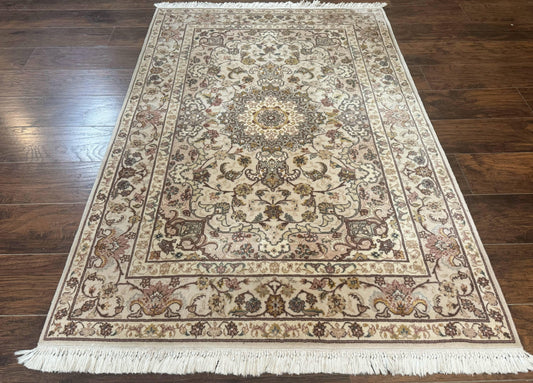 Pak Persian Rug 4x6, Floral Medallion, Beige, Wool and Silk Highlights, Vintage Handmade Rug - Nuvé
