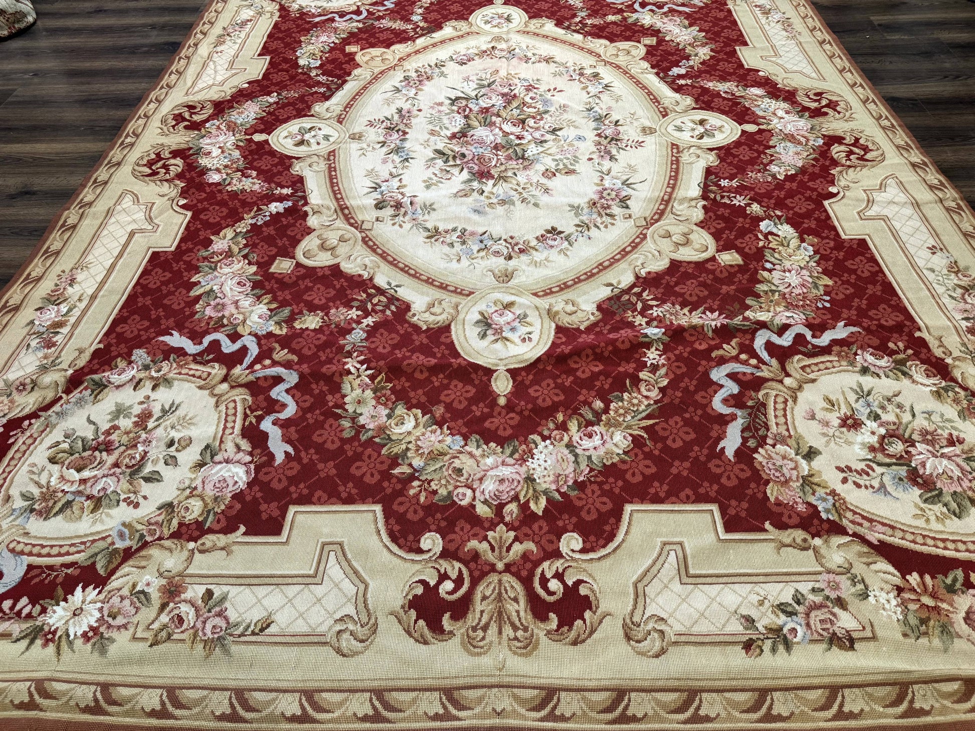 Aubusson Rug 8x11, Needlepoint Carpet, Red Ivory Beige, Vintage, French European Design - Nuvé