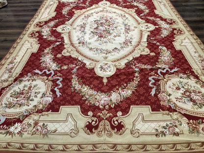 Aubusson Rug 8x11, Needlepoint Carpet, Red Ivory Beige, Vintage, French European Design - Nuvé