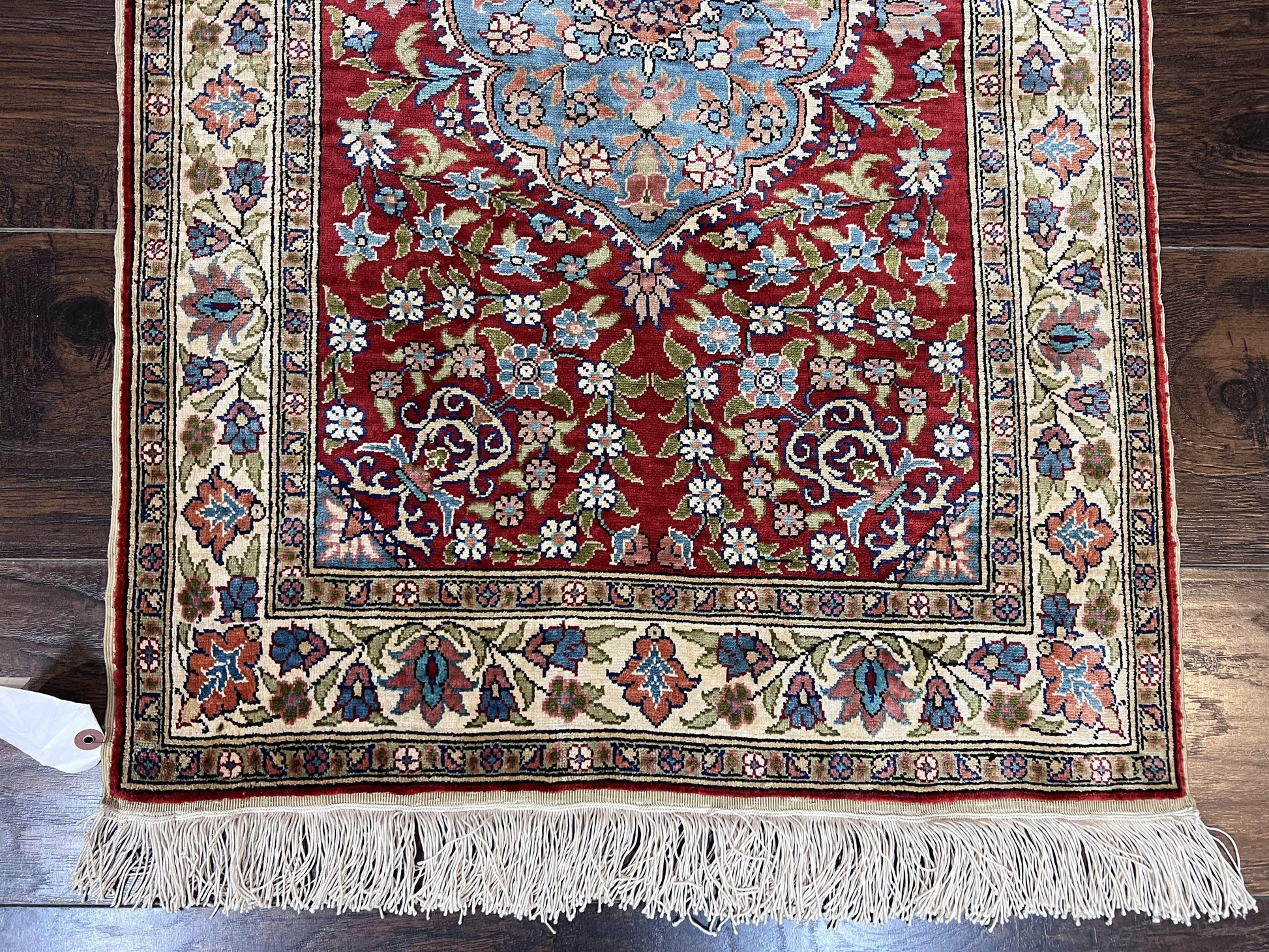 Silk Turkish Kayseri Rug 2x3, Small All Silk Turkish Carpet, Red and Light Blue, Very Fine Hand Knotted Semi Antique Vintage Handmade Rug - Nuvé