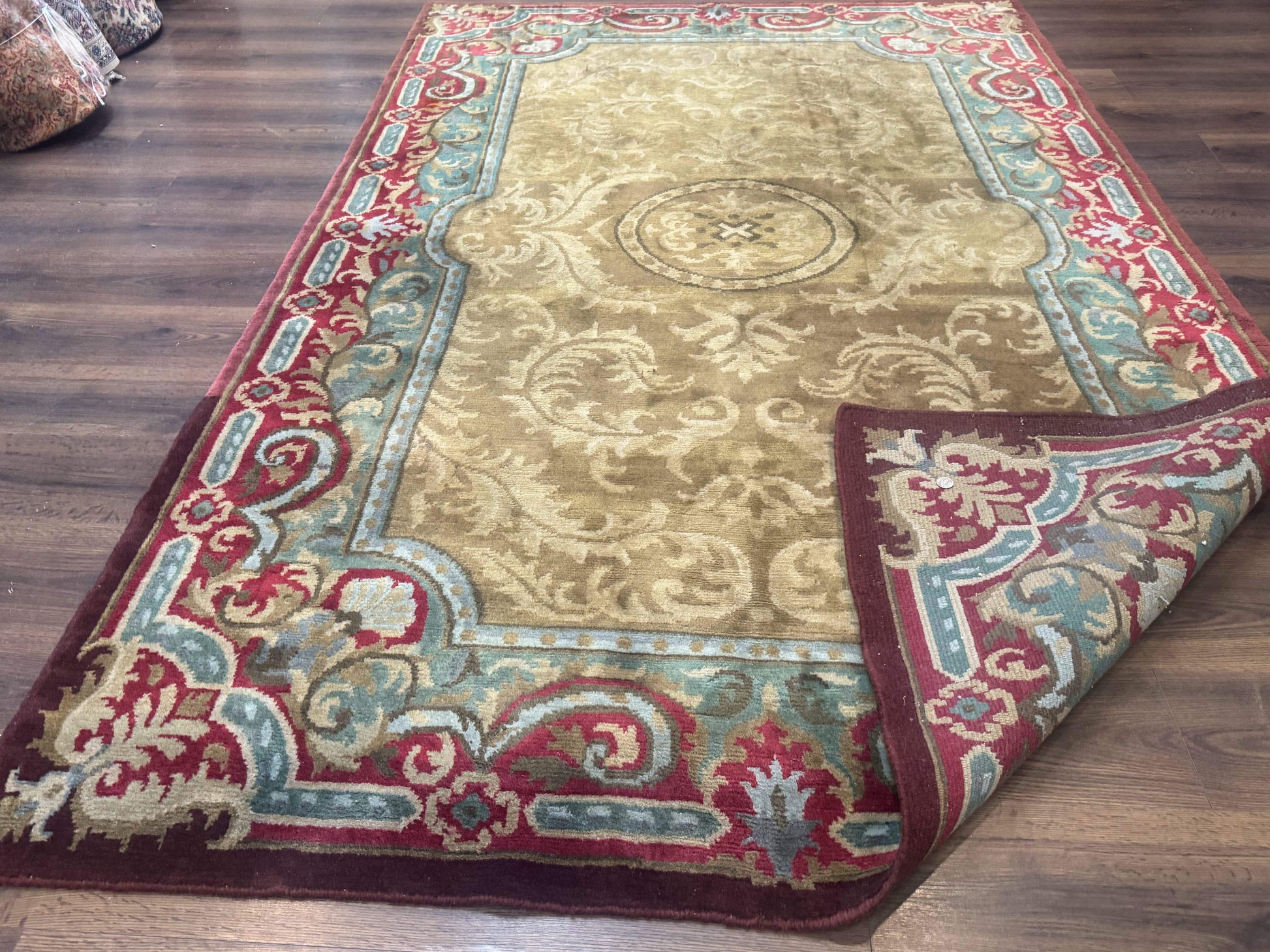 Tibetan Aubusson Rug 6x9, Gold-Beige, Soft Wool Pile, Handmade - Nuvé