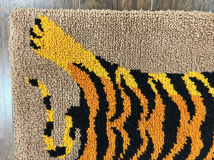 Small Hooked Rug 2x3, Tibetan Tiger Design, Wool, Unique Hooked Rug, Vintage - Nuvé