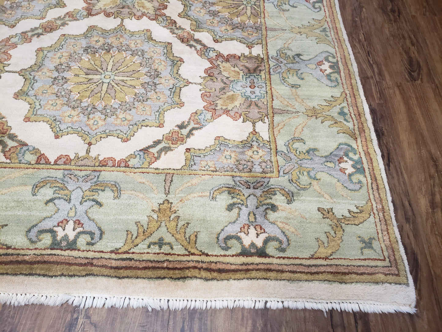 Indo Sultanabad Area Rug 8 x 9.5, Wool Hand-Knotted Ivory Green Teal Decorative Rug, Floral Panel Carpet, Indian Rug, 8 x 10 Bedroom Rug - Nuvé