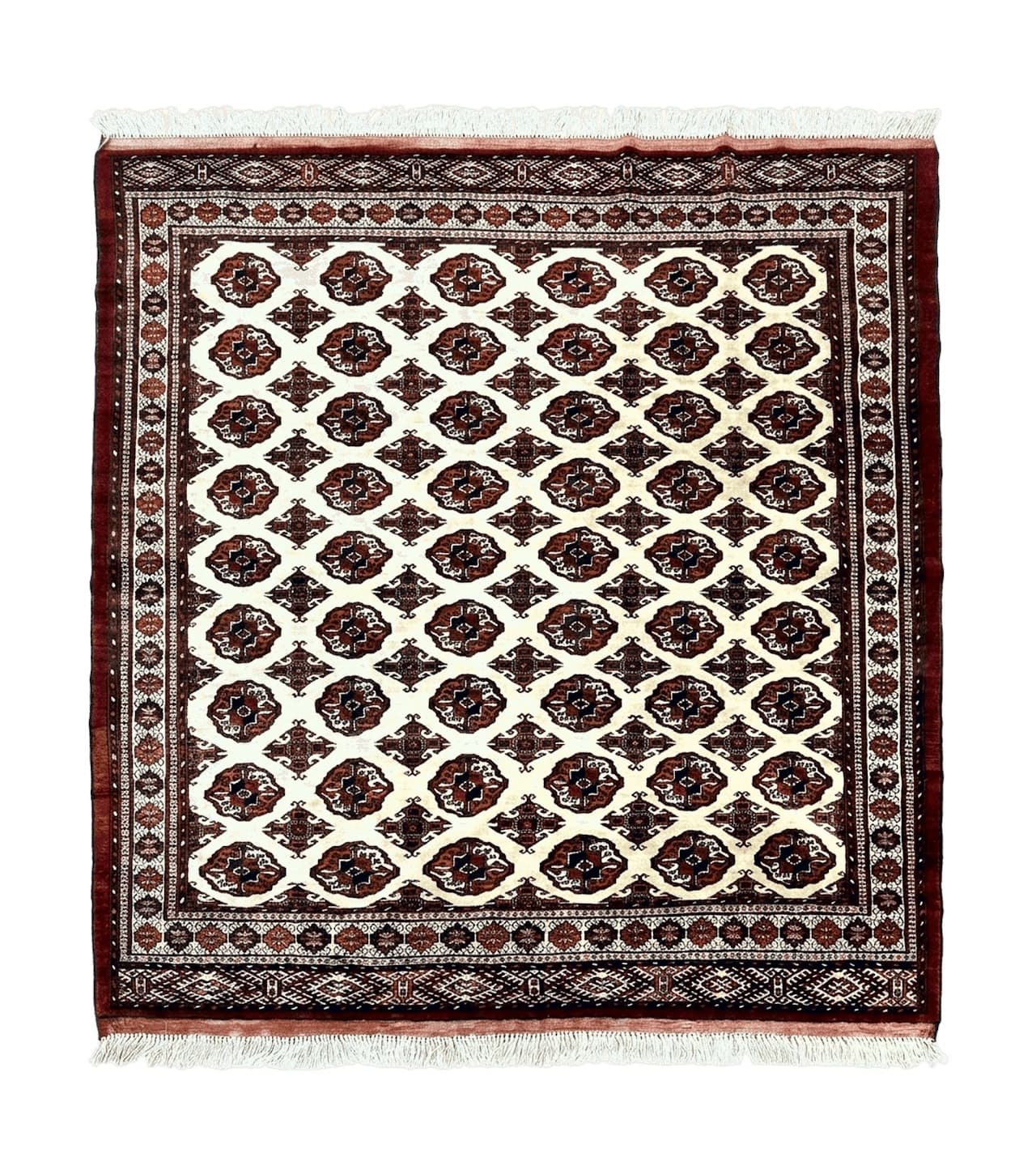 Persian Turkoman Rug 7x8, Almost Square Rare, Hand Knotted, Yamud, Bohemian Rug, Handmade Tribal Rug, Cream Red, Handmade Oriental Carpet