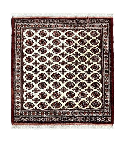 Persian Turkoman Rug 7x8, Almost Square Rare, Hand Knotted, Yamud, Bohemian Rug, Handmade Tribal Rug, Cream Red, Handmade Oriental Carpet