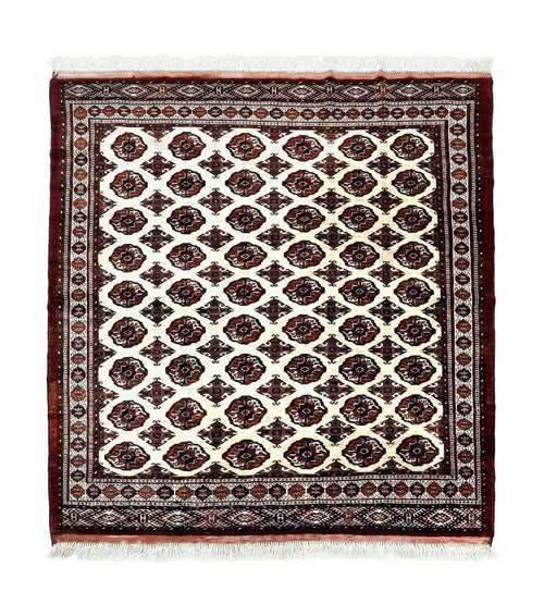 Persian Turkoman Rug 7x8, Almost Square Rare, Hand Knotted, Yamud, Bohemian Rug, Handmade Tribal Rug, Cream Red, Handmade Oriental Carpet