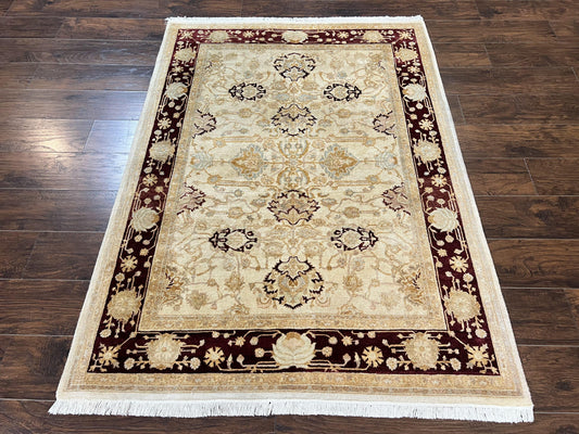 Peshawar Rug 5x7, Beige and Maroon, Vintage Handmade Wool Traditional Carpet 5 x 7 ft, Pakistani Rug, Agra Pattern, Very Fine 260 KPSI - Nuvé
