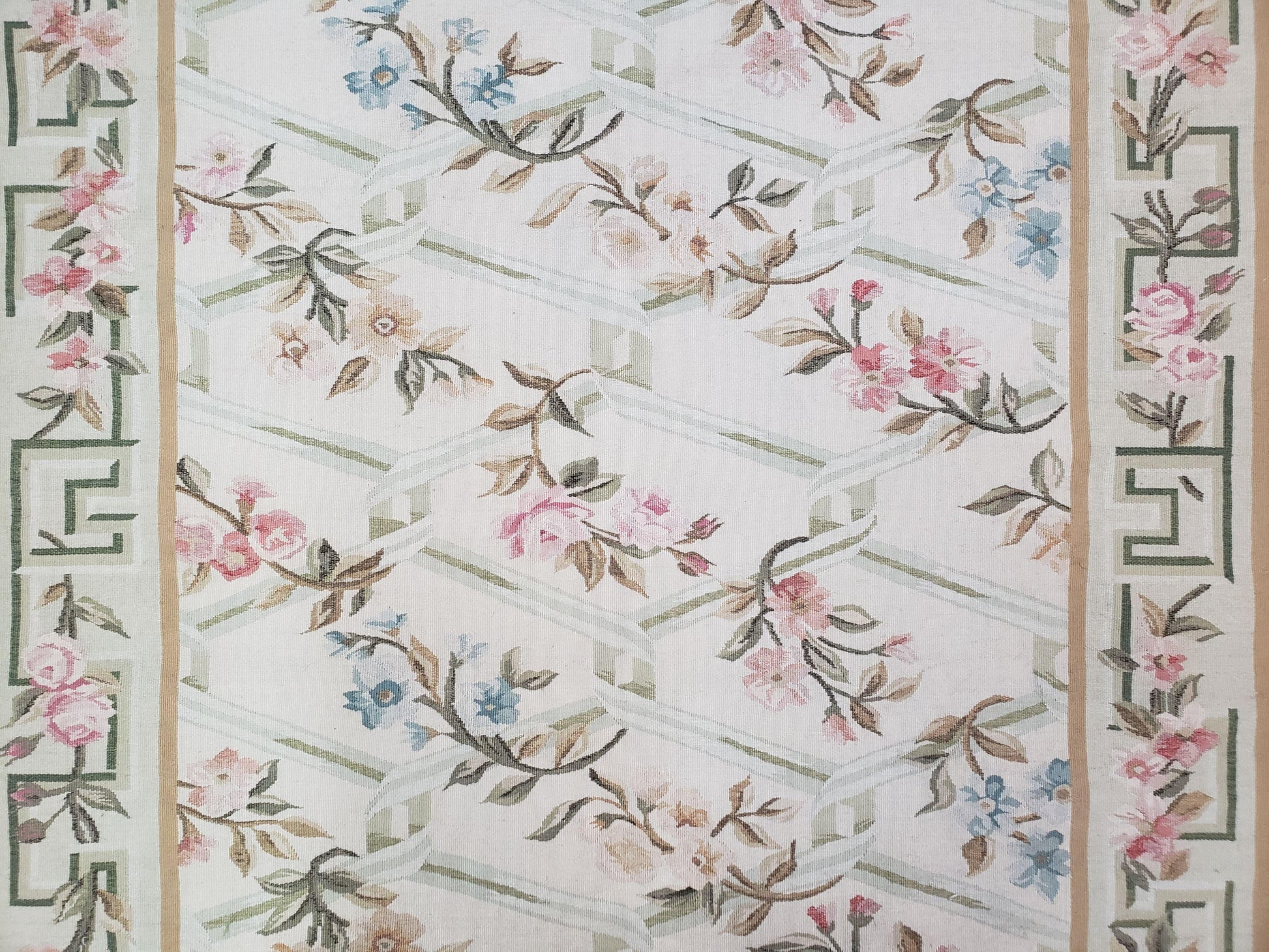 Vintage Aubusson Area Rug, Aubusson Flat weave Carpet, Floral Geometric Pattern, Beige Teal Green, 4x6 Rug, European Design - Nuvé