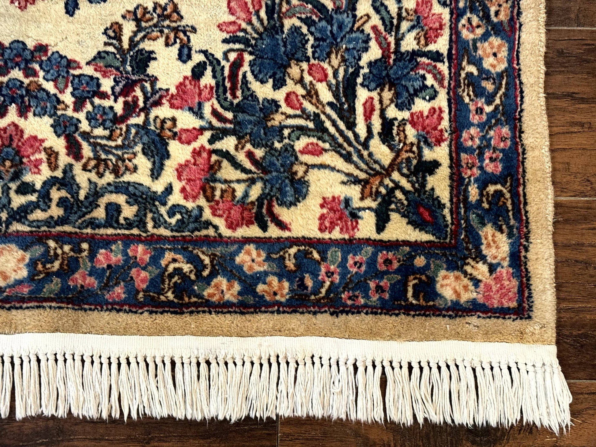 Square Persian Kerman Rug 4x4, Ivory Blue Pink, Handmade, Fine 225 KPSI - Nuvé