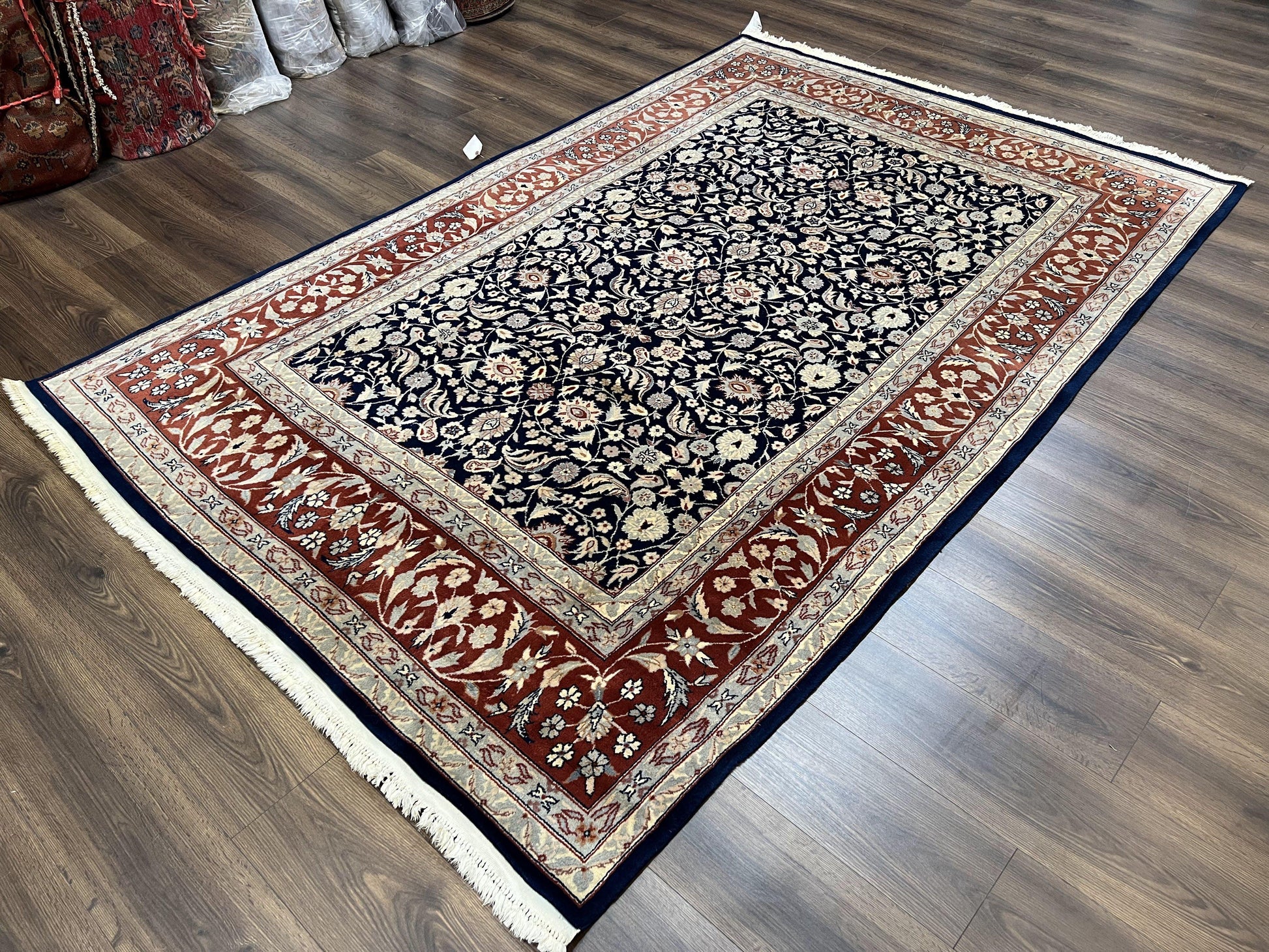 Indo Sarouk Rug 6x9, Vintage Indian Persian Rug, Wool Oriental Carpet, Navy Blue Red Allover Floral Rug, Traditional Very Fine Rug, Area Rug - Nuvé