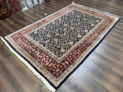 Indo Sarouk Rug 6x9, Vintage Indian Persian Rug, Wool Oriental Carpet, Navy Blue Red Allover Floral Rug, Traditional Very Fine Rug, Area Rug - Nuvé