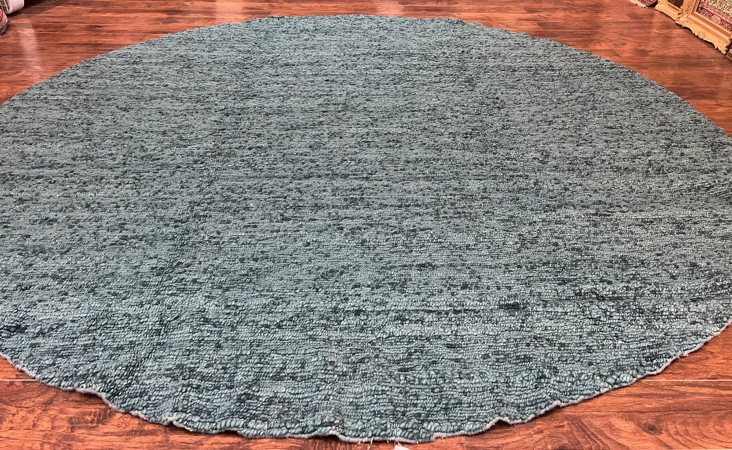 Large Round Indian Rug 11x11, Teal, Vintage Handmade Wool Carpet - Nuvé