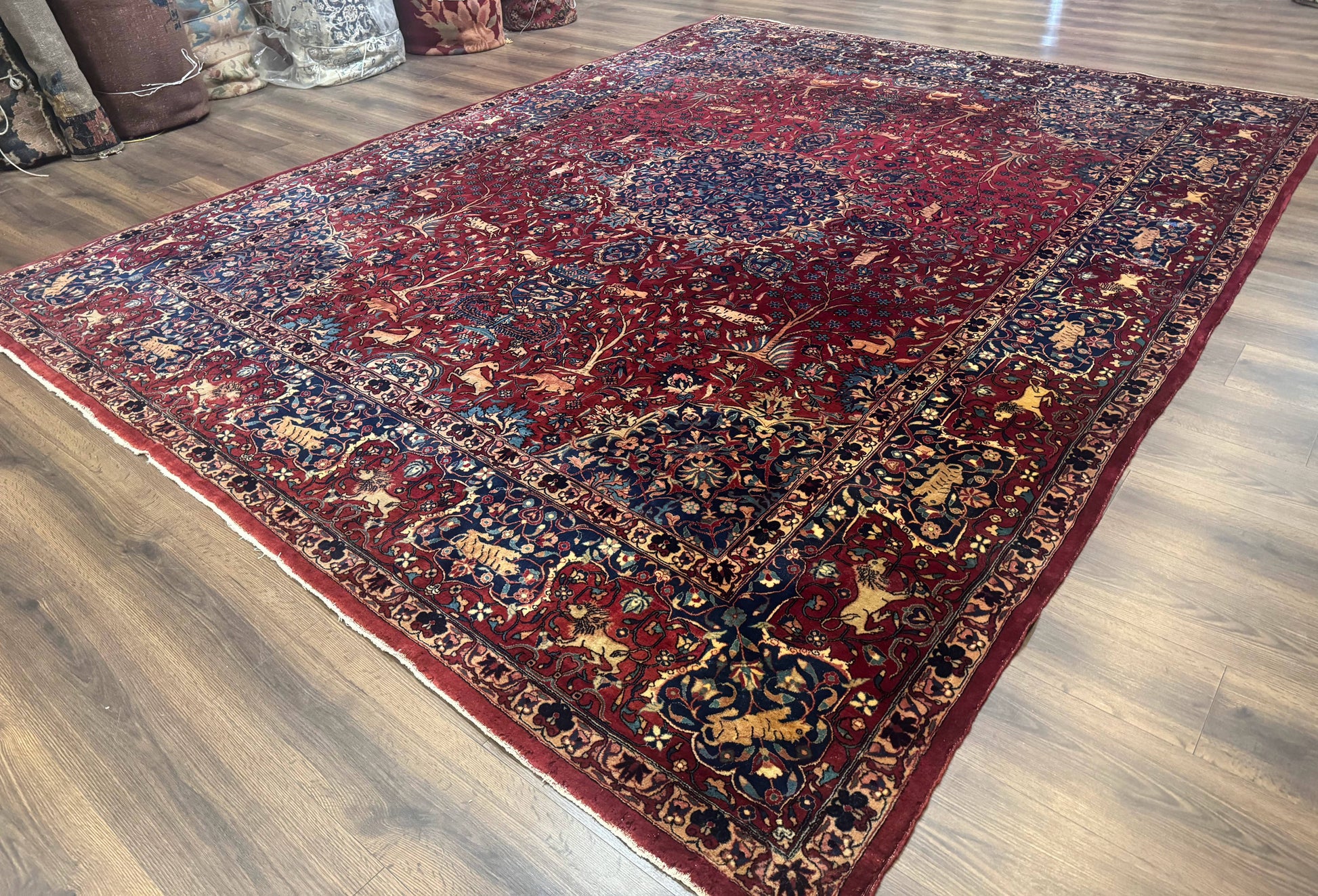 Antique Indo Persian Kerman Rug 9x12 Red Manchester Wool Animal Pictorials, Fine 290 KPSI - Nuvé