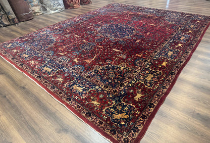 Antique Indo Persian Kerman Rug 9x12 Red Manchester Wool Animal Pictorials, Fine 290 KPSI - Nuvé