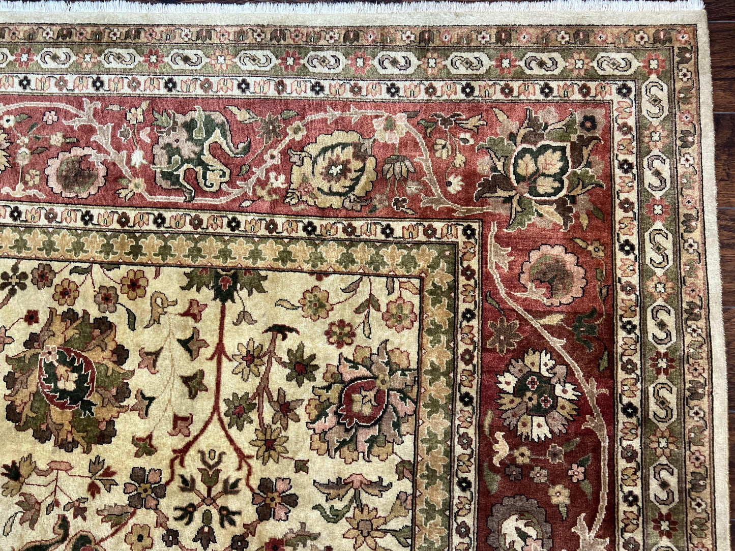 Large Indian Rug 10x14, Hand Knotted Indo Persian Gandehar Oriental Carpet, Vintage Wool Rug 10 x 14 ft Cream Red Floral Allover Traditional - Nuvé