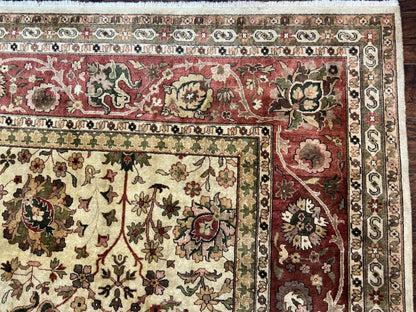 Large Indian Rug 10x14, Hand Knotted Indo Persian Gandehar Oriental Carpet, Vintage Wool Rug 10 x 14 ft Cream Red Floral Allover Traditional - Nuvé