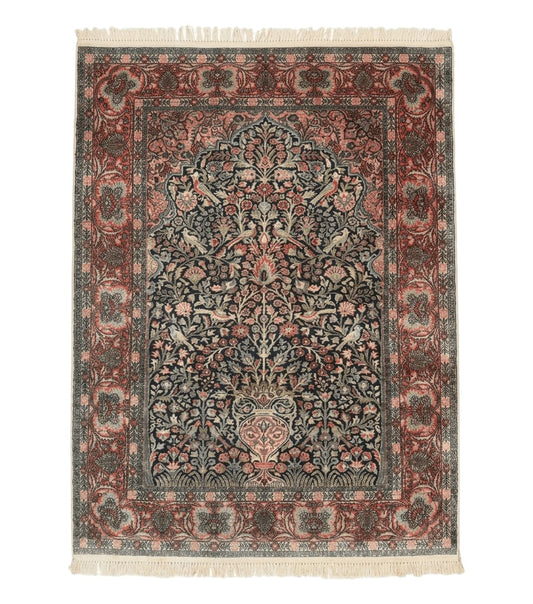 Silk Indian Kashmiri Rug 4x6, Tree of Life Pattern, Birds, Fine 290 KPSI, Navy Blue and Red, Handmade Oriental Carpet