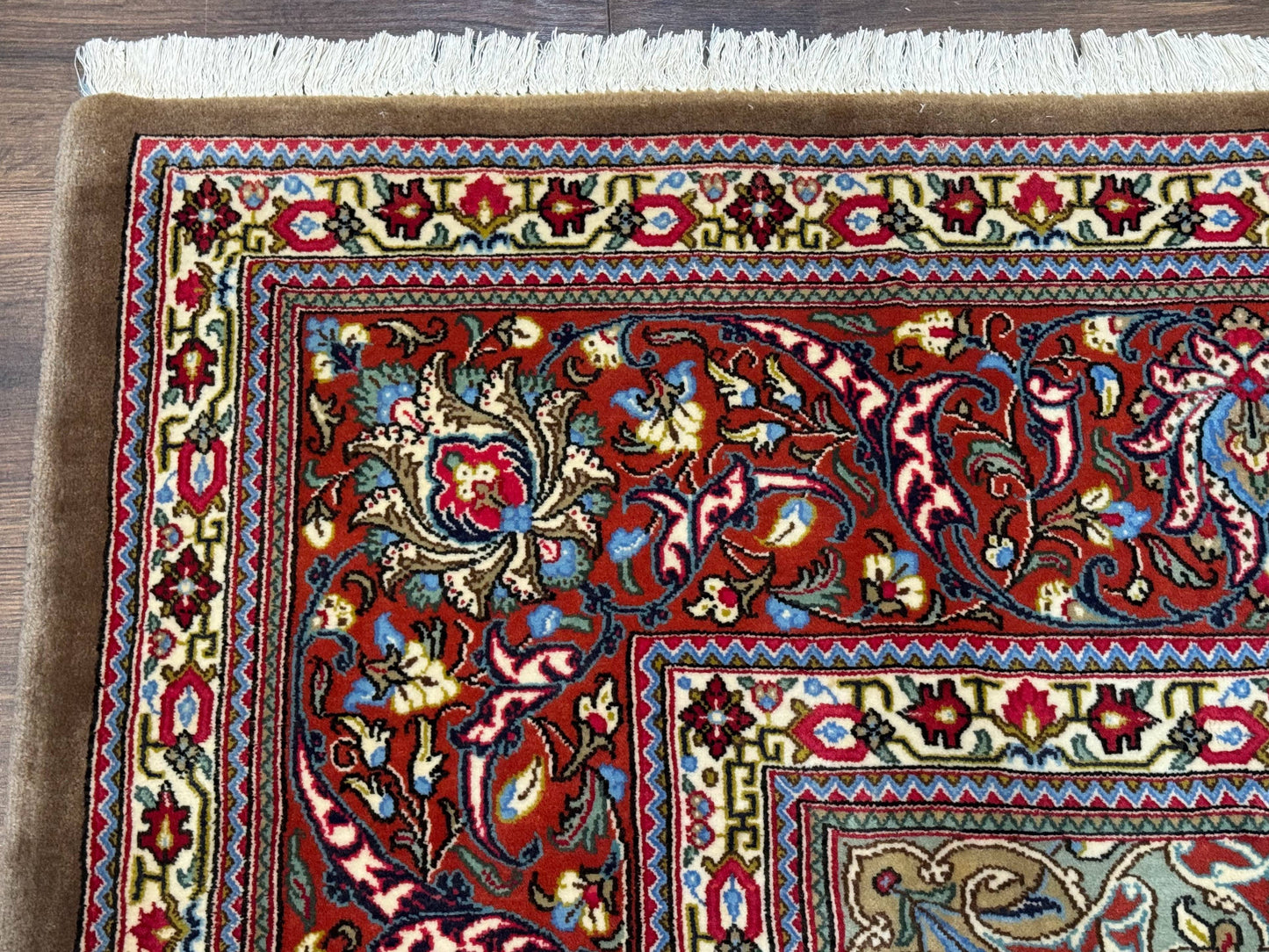 Persian Qum Rug 7x11, Beige and Red, Highly Detailed Floral Pattern, Fine 260 KPSI - Nuvé