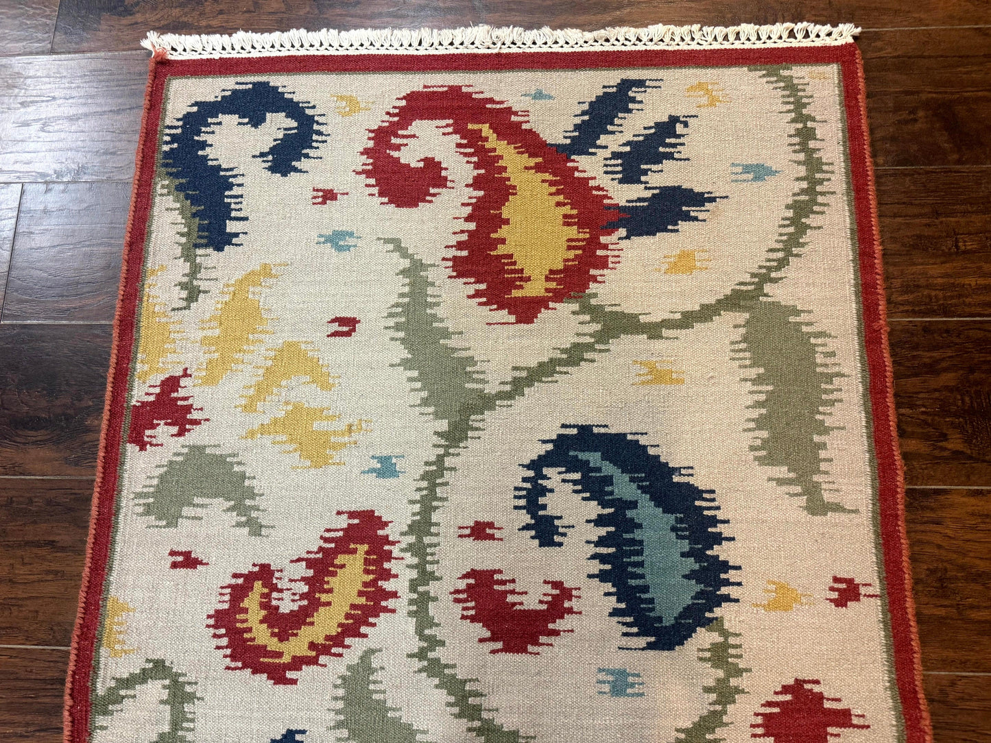 Indian Kilim Flatweave Rug 3x5, Abstract, Beige and Multicolor Flowers, Handmade - Nuvé