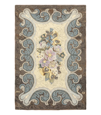Antique American Hooked Rug 3 x 4.6, Vintage, Floral
