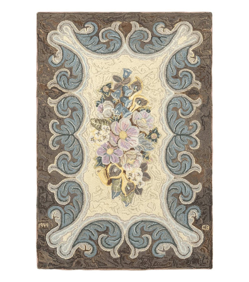 Antique American Hooked Rug 3 x 4.6, Vintage, Floral