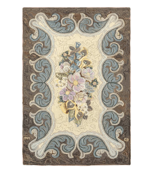 Antique American Hooked Rug 3 x 4.6, Vintage, Floral