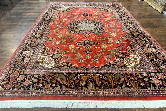 Indo Persian Rug 7x10, Vintage Handmade Wool Carpet, Floral Medallion Traditional Rug, Red and Midnight Blue - Nuvé
