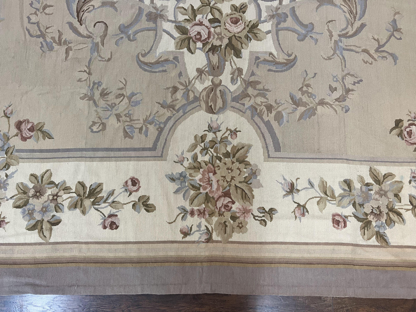 Aubusson Needlepoint Rug 9x12, VIntage Handmade Wool Beige Floral European Elegant Rug 9 x 12, Floral Roses - Nuvé