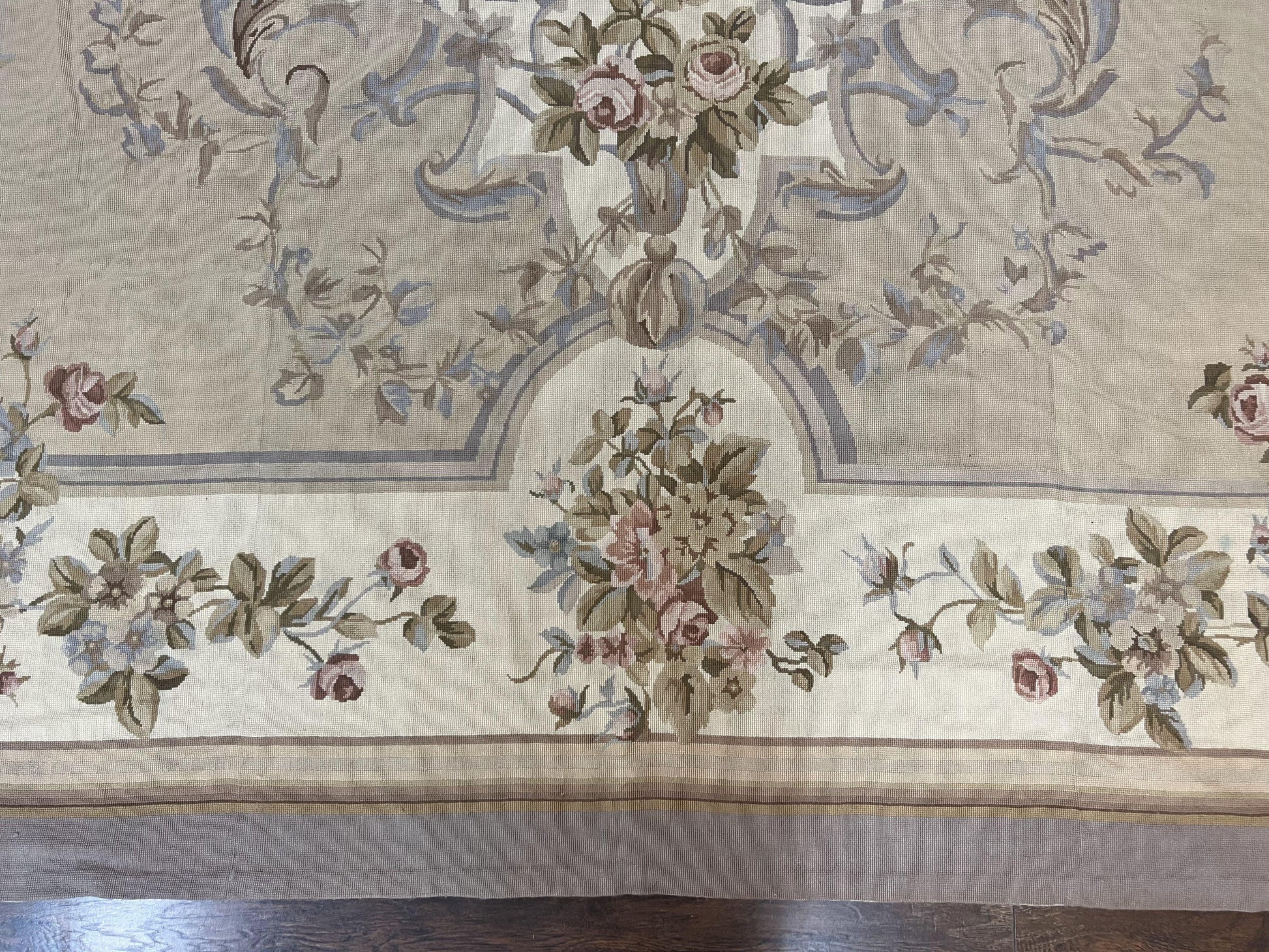 Aubusson Needlepoint Rug 9x12, VIntage Handmade Wool Beige Floral European Elegant Rug 9 x 12, Floral Roses - Nuvé