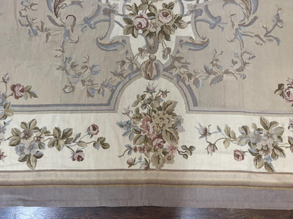 Aubusson Needlepoint Rug 9x12, VIntage Handmade Wool Beige Floral European Elegant Rug 9 x 12, Floral Roses - Nuvé