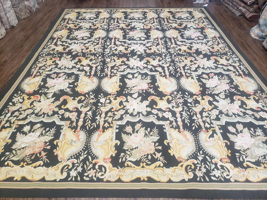 Vintage Black Aubusson Area Rug 8x10, Large Flowers Chinese Aubusson Carpet 7.9 x 10, Wool Hand-Knotted Floral Pattern Flat Weave Rug Nice - Nuvé