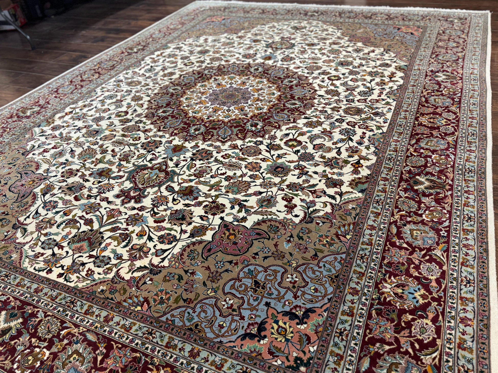 Persian Tabriz Rug 8x11, Floral Medallion Traditional Area Rug, Fine 300 KPSI, Ivory Maroon - Nuvé