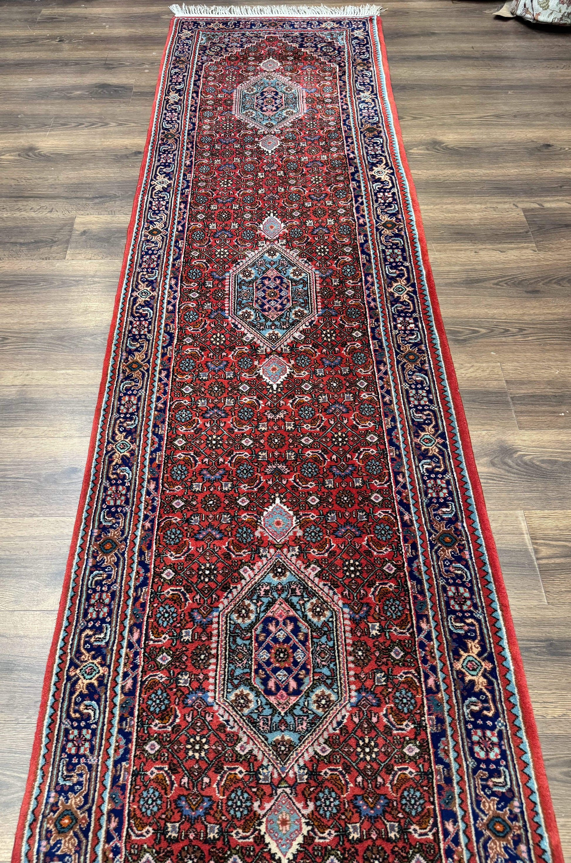 Indo Persian Bidjar Runner Rug 3 x 18.6, Red Navy Blue, Long Runner, Wool Oriental Carpet - Nuvé