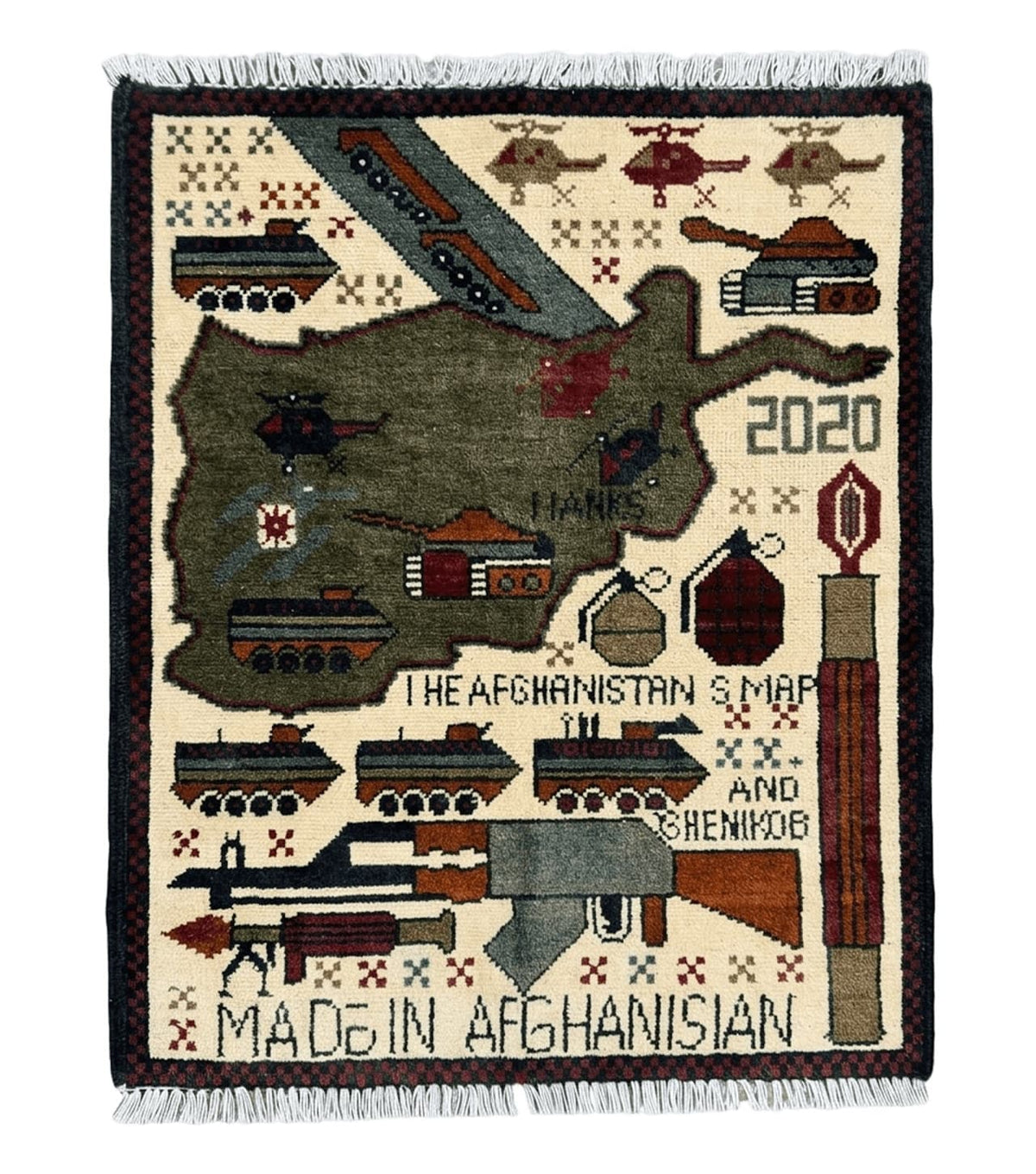 Afghan War Rug, Tanks Helicopters Guns