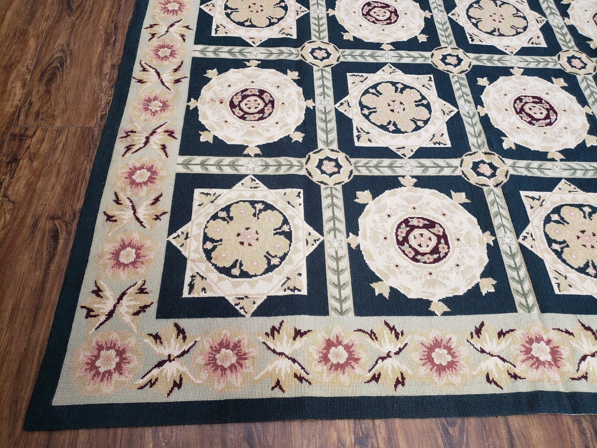 Vintage Chinese Needlepoint Rug 6x9, Panel Design Area Rug Wool Hand-Woven Black & Ivory Carpet Flat Weave Bedroom Rug 6 x 9 Living Room Rug - Nuvé