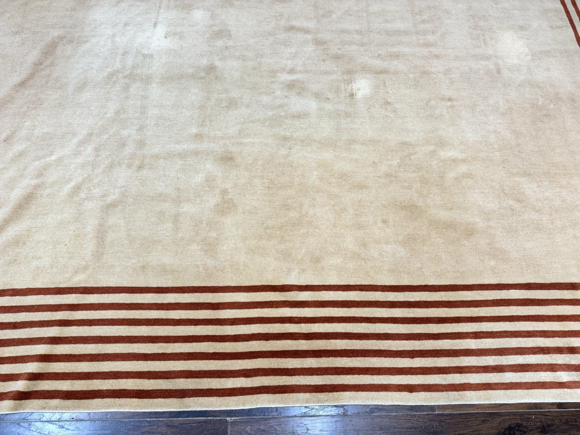 Modern Tibetan Rug 11 x 14.6, Wool and Silk, Simple Design, Handmade Large Area Rug, Cream - Nuvé