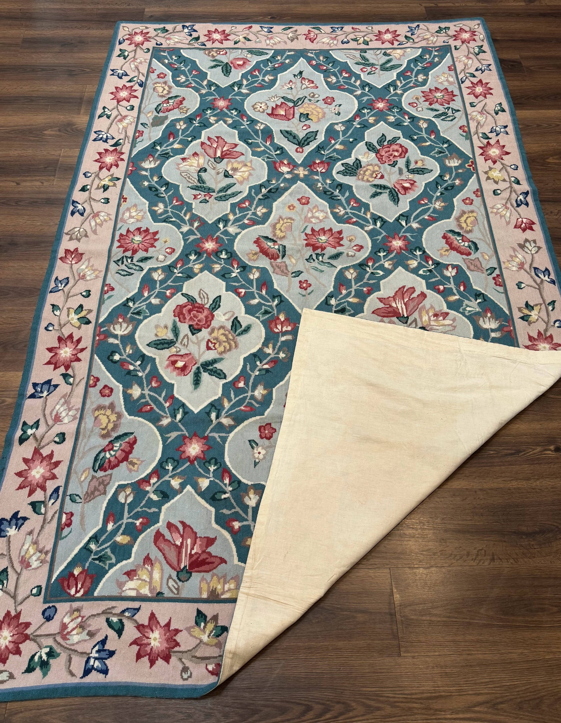 Teal Needlepoint Rug 6x9, Panel Design, Floral Bouquets, Handmade - Nuvé