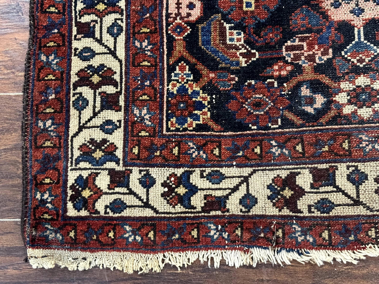 Navy Blue Antique Persian Rug 3x6, Blue and Ivory Persian Carpet, Handmade 1920s Hamadan Rug - Nuvé