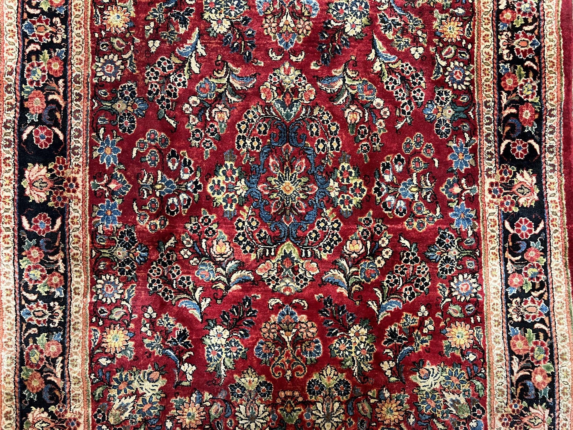 Rare Persian Almost Square Rug 6.3 x 5.3, Hand Knotted Wool Antique 1920s Sarouk Oriental Carpet, Red Navy Blue Beige, Floral Allover, 5x6 Area Rug - Nuvé
