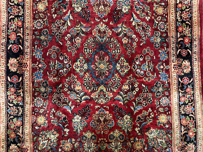 Rare Persian Almost Square Rug 6.3 x 5.3, Hand Knotted Wool Antique 1920s Sarouk Oriental Carpet, Red Navy Blue Beige, Floral Allover, 5x6 Area Rug - Nuvé