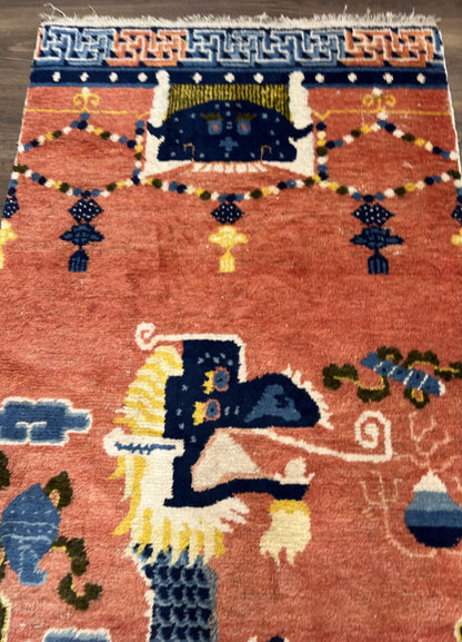 Rare Chinese Ningxia Pillar Rug 3x8, Late Qing Dynasty, 5 Clawed Dragon, Cloud Rainbow Border, Collectible Antique Carpet, Wool Hand Knotted - Nuvé